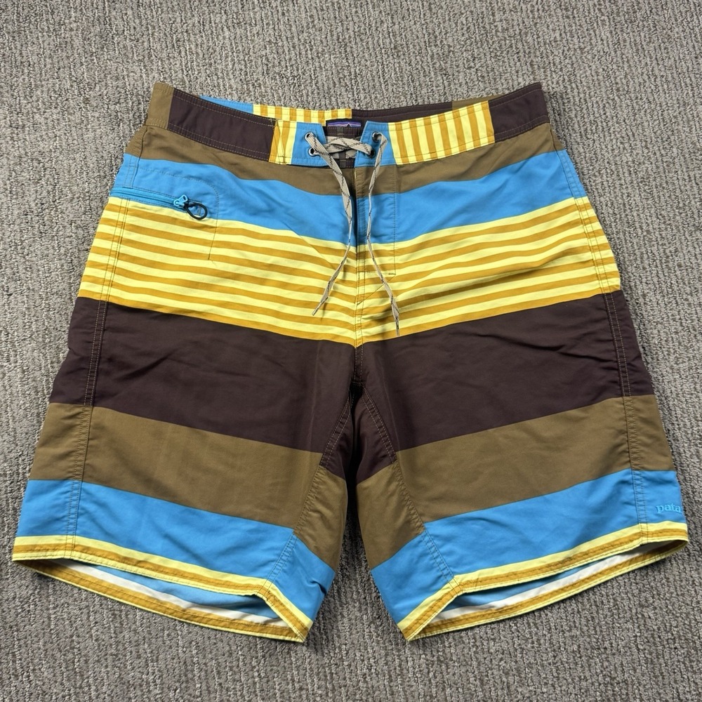 Patagonia Mens 36 Wavefarer Board Shorts Swim Trunks Blue Brown Yellow Stripe